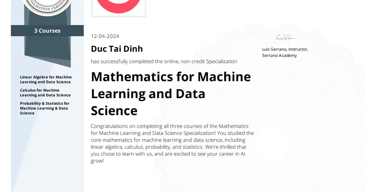 Mathematics for Machine Learning and Data Science Specialization